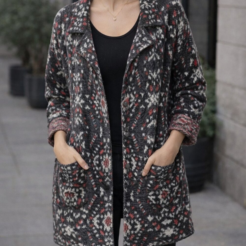 Free People  size M Aztec Geo Print Long Cozy Jacket, Wool and Alpaca blend